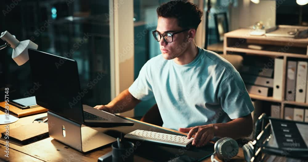 Poster Night, businessman and typing at laptop for programming, web development and project in office. Mature coder, glasses and paper at tech for company cybersecurity, problem solving and deadline work