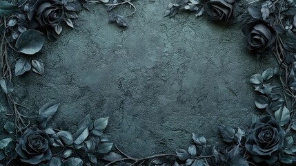 Dark teal textured background framed with black roses and leaves.