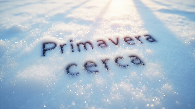 La primavera est&aacute; cerca, el texto presionado con un dedo sobre la nieve, brillando y reluciendo bajo la luz del sol en un d&iacute;a de invierno. Pron&oacute;stico del tiempo para febrero y marzo