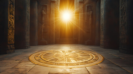 Astrological wheel inlaid in the floor of an ancient temple, sunbeam illuminating the center, historic vibe. Solar Eclipse Temples. Illustration
