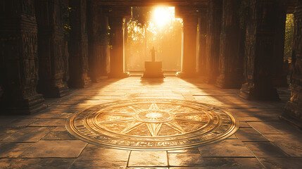 Astrological wheel inlaid in the floor of an ancient temple, sunbeam illuminating the center, historic vibe. Solar Eclipse Temples. Illustration