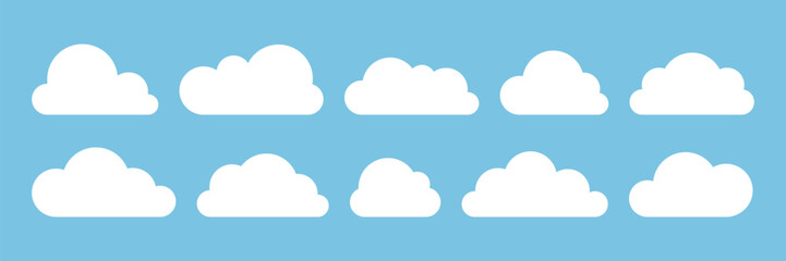 Collection of simple white cloud icons on blue background. Minimalist flat clouds in various shapes and sizes. Perfect for weather apps, sky themed designs, children illustrations, digital graphic