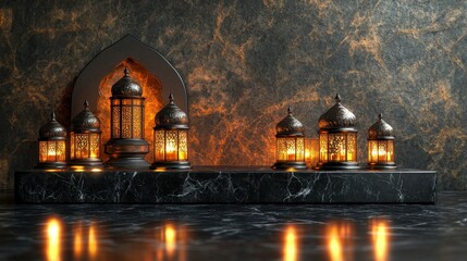 Illuminated Ramadan Lanterns on Marble Base Elegant Festive Islamic Decor