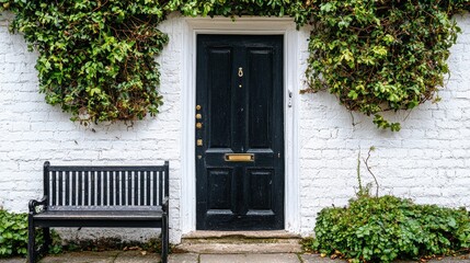 Black door with a gold knocker sits in front of a white brick building
