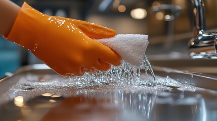Fototapeta premium Hand in orange glove cleaning a stainless steel kitchen sink with a white cloth