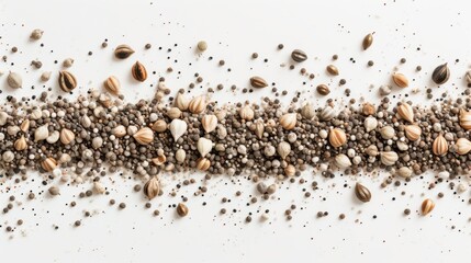 A detailed display of various seeds and grains scattered in a linear design, emphasizing their natural textures and colors for healthy lifestyle themes. AI generated.