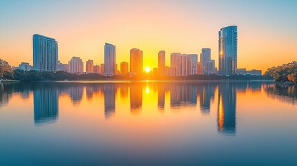 Obraz premium A serene waterfront view of a city skyline during sunrise, with soft orange light and gentle waves reflecting the buildings