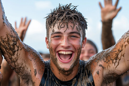 Mud-covered participants celebrate finishing an obstacle course race with high-fives and big smiles
