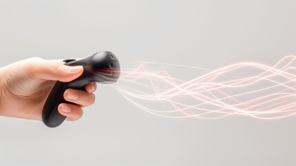 A hand holding a sleek virtual reality controller, emitting glowing red light trails, emphasizing cutting-edge technology and interactivity. AI generated.
