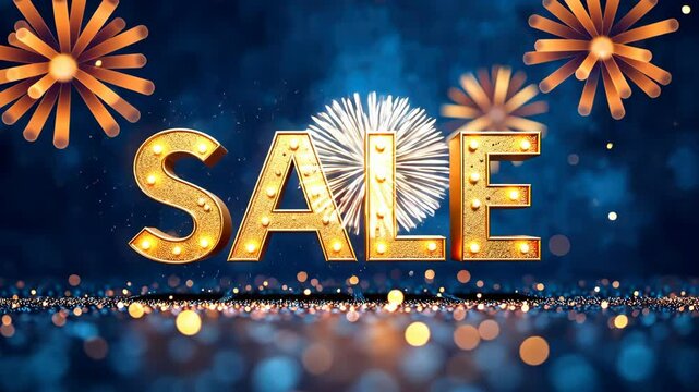 Animated gold text SALE on blue background with fireworks, promotions, discounts and social media marketing. Big sale offer