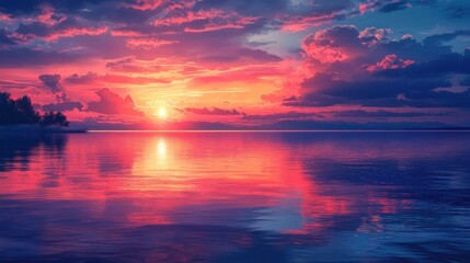 A skyline view with shimmering reflections on a peaceful river during a breathtaking sunset