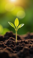 Fototapeta premium Young seedlings sprouting in soil against a sun-dappled backdrop representing growth prosperity and eco-consciousness