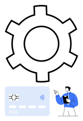 Gear outline above contactless card and man holding tablet, symbolizing technology, finance, and innovation. Ideal for topics thumbs up fintech, automation, e-commerce, payment systems, business