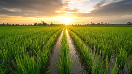 A serene paddy field landscape at sunset. Featuring lush green rice plants. Emphasizing the tranquility and beauty of rural life. Ideal for travel and nature documentaries.