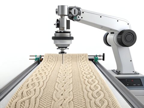 High-tech knitting machine crafting an intricate pattern with precision and innovation.