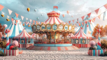 Vintage carousel in a whimsical fairground with pastel tents, balloons, and bunting.