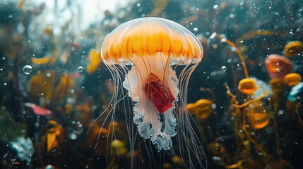 Fototapeta premium Jellyfish mockup caught in fishing nets with colorful plastics and a red wrapper