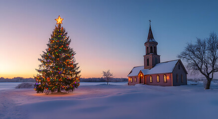 Fototapeta premium A Beautifully Lit Christmas Tree Stands Beside a Snow Covered Church at Sunset