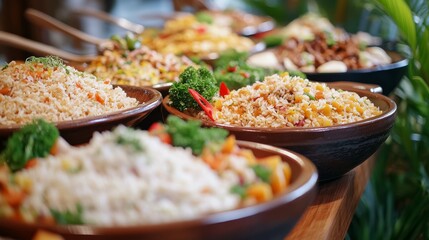 Variety of rice dishes presented on a buffet table with different styles and garnishes. Emphasizing diversity and presentation, ideal for event catering and food styling content with vibrant appeal.