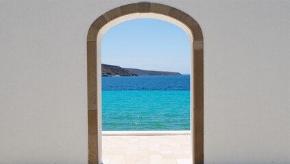 Fototapeta premium Minimalist square design captures the essence of Mykonos with its white buildings and blue sea Travel Themed Decor Vacation Art