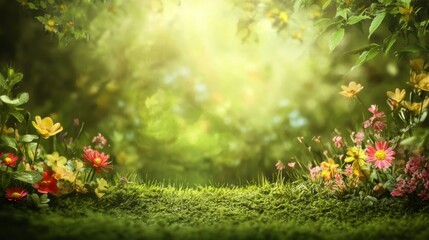 Fototapeta premium Enchanting meadow, sunlight, flowers and moss background with vibrant colors, perfect scenery