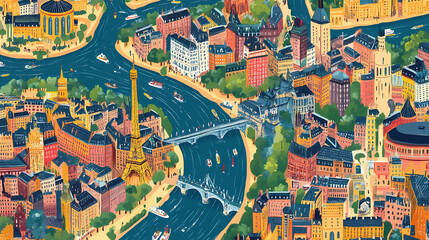 Vibrant map of europe highlights the serpentine route of the seine river as it winds through the heart of paris, france, amidst surrounding cities and landmarks. Serpentine Cities. Illustration