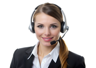 Young business woman telephone operator hotline worker customer support service manager with headset isolated on a white background copy space. Call center concept 