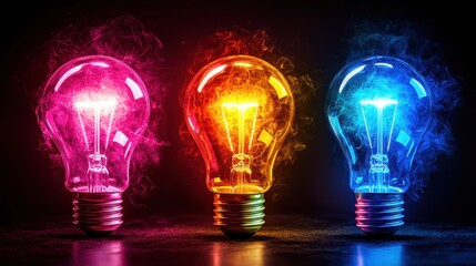 Three colorful light bulbs are lit up, creating a vibrant