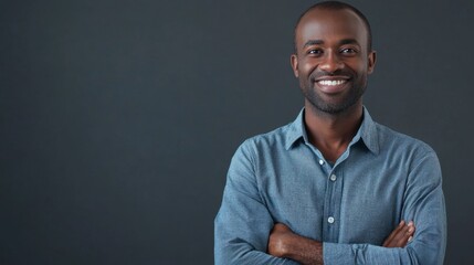 Fototapeta premium Smiling African Man Posing with Confidence on a Gray Background