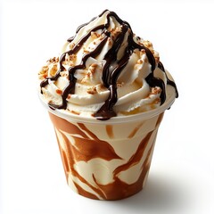 A creamy soft-serve ice cream in a plastic cup, topped with chocolate drizzle and cookie crumbles, isolated on white.