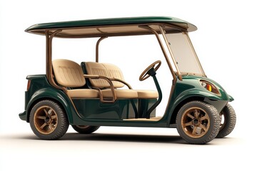 A green golf cart is depicted from the side, complete with beige seats, and placed on a transparent backdrop