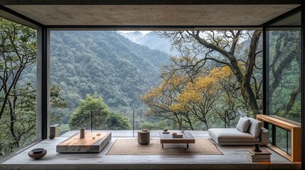 Fototapeta premium Mountain view living room, modern minimalist design, serene landscape