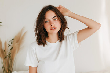 Fototapeta premium Smiling Young Woman in White T-Shirt Posing in Minimalist Interior – Natural Beauty and Confidence