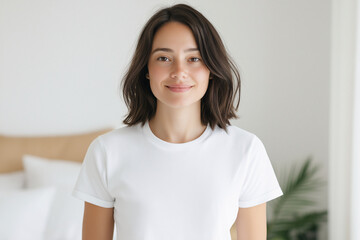 Smiling Young Woman in White T-Shirt Posing in Minimalist Interior – Natural Beauty and Confidence