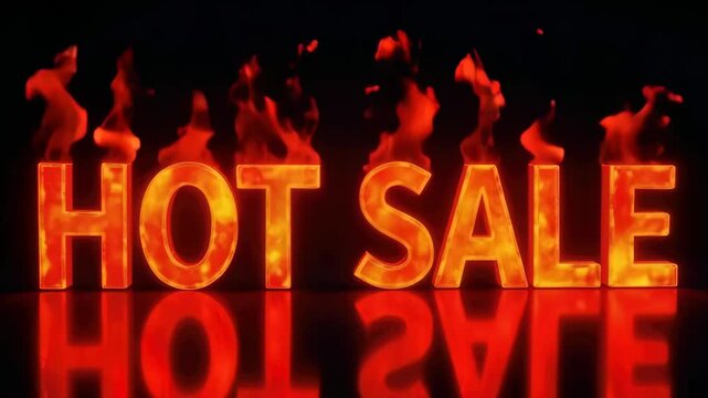 The bold words "HOT SALE" are set ablaze with fiery effects and a reflective underglow against a black backdrop. Concept of: Scorching prices.