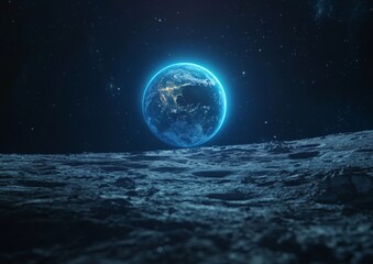 Earthrise over moon's surface, space background, cosmic scene, science fiction