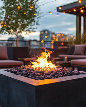  Modern fire pit on rooftop patio at dusk