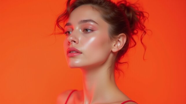 A woman with red lipstick and red hair poses against an orange background.
