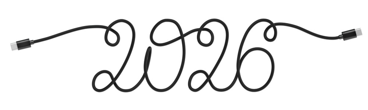 Connection 2026. Handwritten inscription made from black USB-C to USB-C cable. Stylish calligraphy from wire with Type-C connectors. 3D rendering