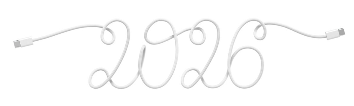 Handwritten inscription 2026 made from white USB-C cable. Stylish calligraphy from wire with Type-C connectors. 3D rendering