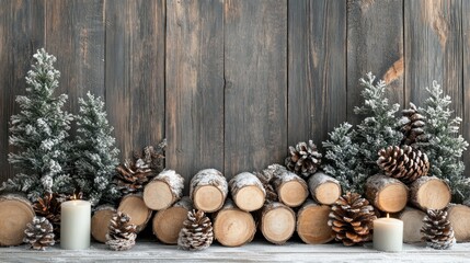 Festive winter scene with snowy logs and candles