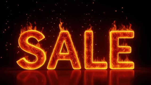 The word "SALE" blazes intensely in fiery letters against a stark black backdrop with a reflective surface. Concept of: Sizzling discount deals.
