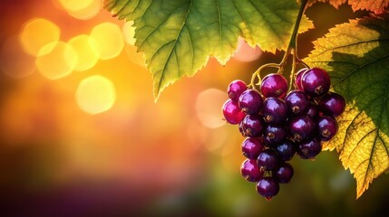 Vibrant Grapes Hanging from Green Leaves with Soft Sunset Background