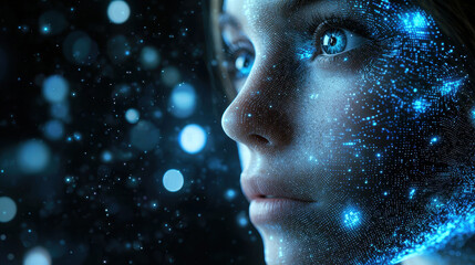 Futuristic advertisement featuring hyper-realistic AI spokesperson showcasing deepfake technology for innovative marketing strategies