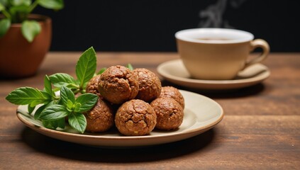 Wooden table with vegan date  oat energy balls and a cup of tea