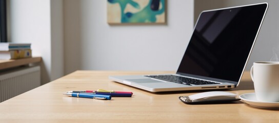 Modern workspace featuring laptop coffee and office accessories