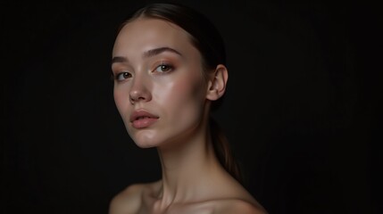 Fototapeta premium Elegant portrait of a woman with a delicate expression on a dark, minimalist background.