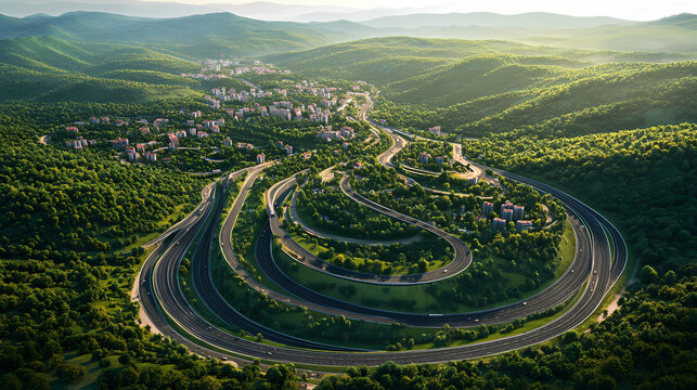 Aerial view of a curved road in the carpathian mountains, near of the petrosani city - romania. beautiful simple ai generated image in unique. Serpentine Cities. Illustration