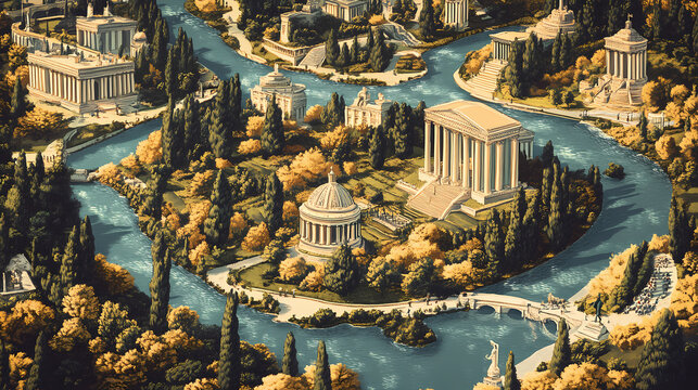 Aerial view of an idealized city with classical architecture, lush gardens, and a serpentine river. Serpentine Cities. Illustration