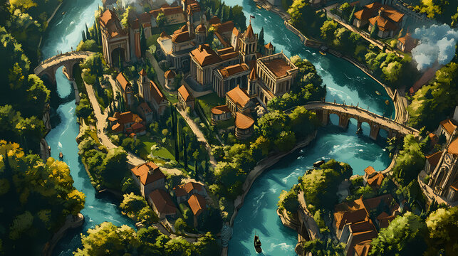 Aerial view of an idealized city with classical architecture, lush gardens, and a serpentine river. Serpentine Cities. Illustration